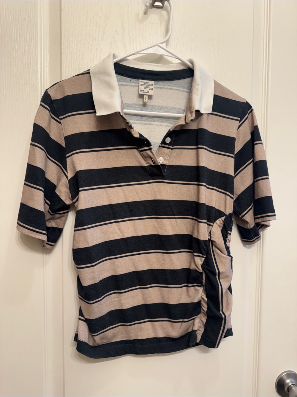 Striped Short Sleeve Polo Top in Beige and Black
